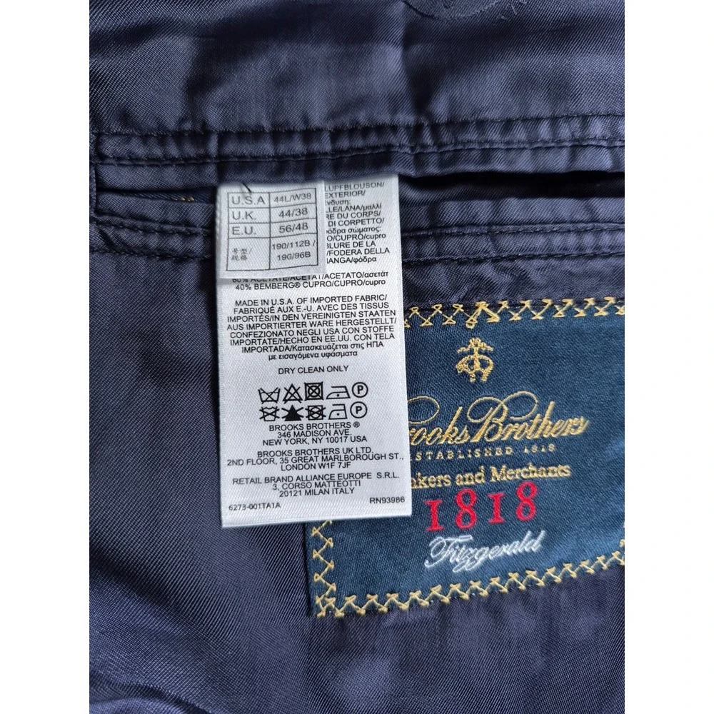 Brooks Brothers 1818 Fitzgerald Blazer Mens 44L Navy Blue Plaid Saxon Wool USA